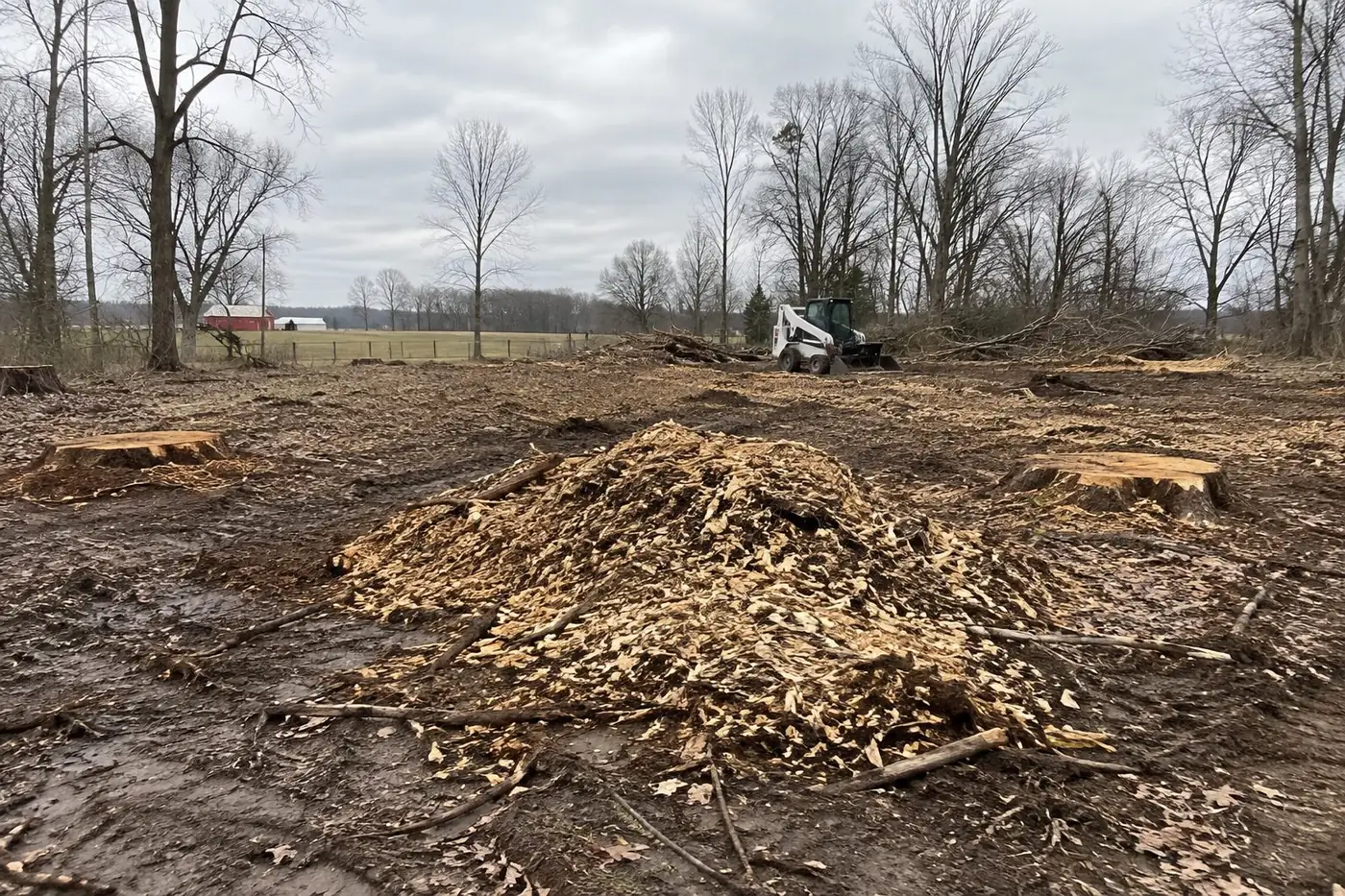 Cleared lot with ground stumps and wood-chip piles near Dayton, OH
